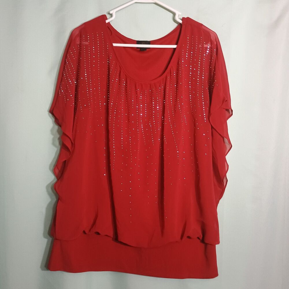 Women’s Red Rhinestone Embellished Layered Blouse – Sheer Flutter Sleeve Top
